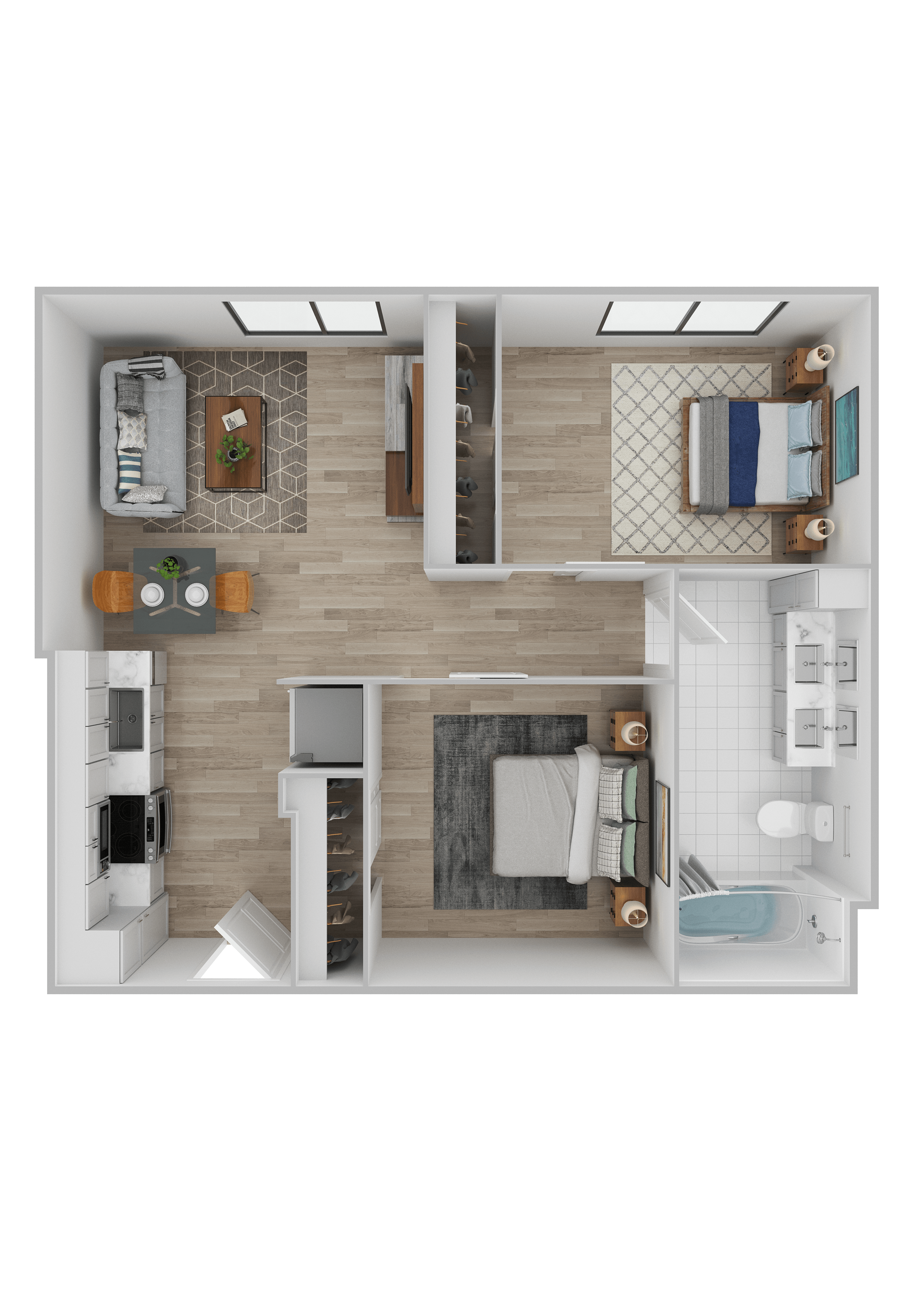 Floor plan for 2 beds, 1 bath, 602 sqft